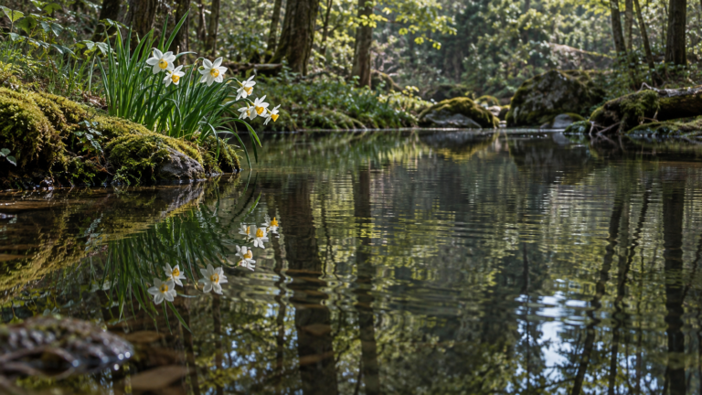 White narcissus flowers on a mossy bank above a still forest pool, their reflections mirrored in the water