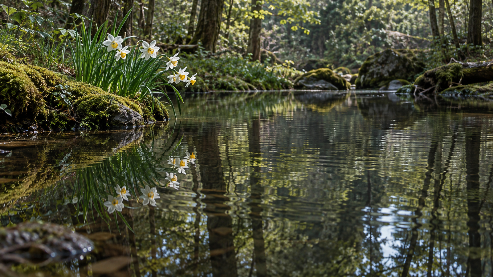 White narcissus flowers on a mossy bank above a still forest pool, their reflections mirrored in the water