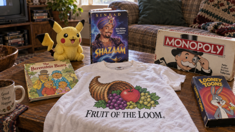 A living room table arranged with everyday objects as a certain kind of memory insists they were: a children's book, a video case, a plush toy, a board game box and a white T-shirt, each printed with the version people remember rather than the one that exists