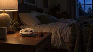 A smoke detector lying face-down on a lamplit nightstand, its battery compartment open and the 9-volt battery removed beside it, in a dim bedroom at dusk