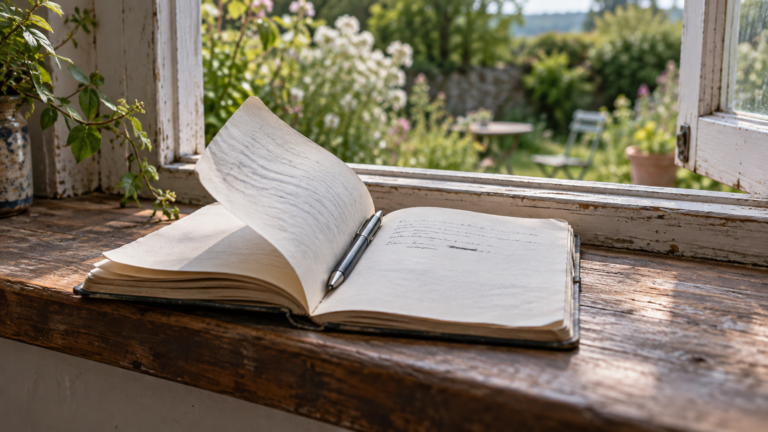 An open notebook on a weathered windowsill, a page lifting in the breeze over a few lines of handwriting, with a pen resting in the gutter and a sunlit garden beyond the open window.