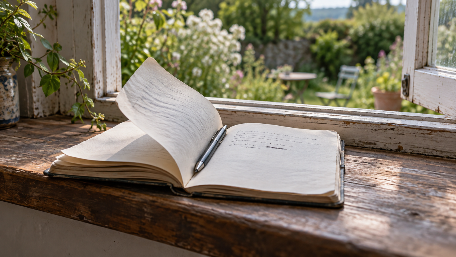 An open notebook on a weathered windowsill, a page lifting in the breeze over a few lines of handwriting, with a pen resting in the gutter and a sunlit garden beyond the open window.