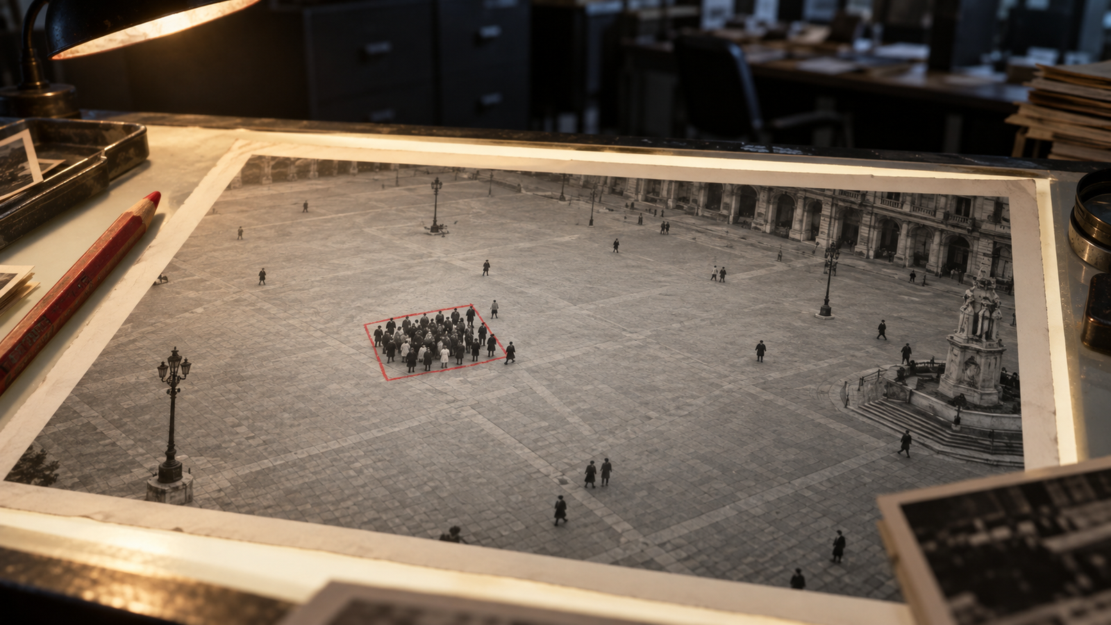 A black-and-white aerial photograph of a nearly empty city square lying on a lit light table, with a red grease-pencil rectangle drawn around the one small cluster of people in it