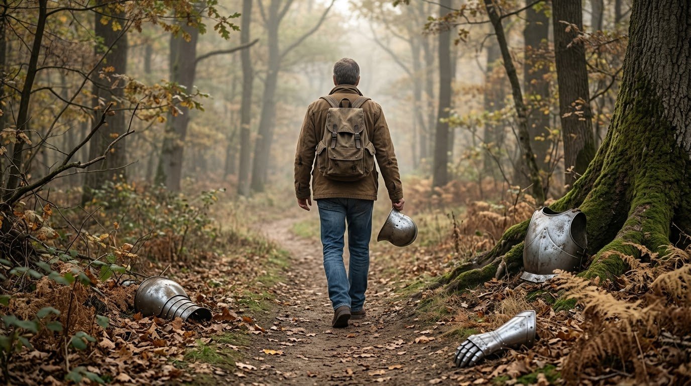 A man seen from behind walks a hazy autumn woodland path with a pack on his back and a steel helmet hanging from his hand, while pieces of worn plate armor lie along the path behind him