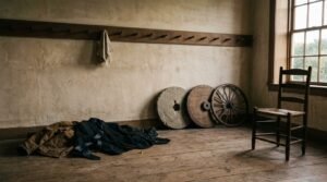 A bare room with a row of mostly empty wall pegs, cast-off clothing and a wedding band on the floorboards, three wheels of stone, solid wood and spokes leaning against the wall, and an empty chair facing a window