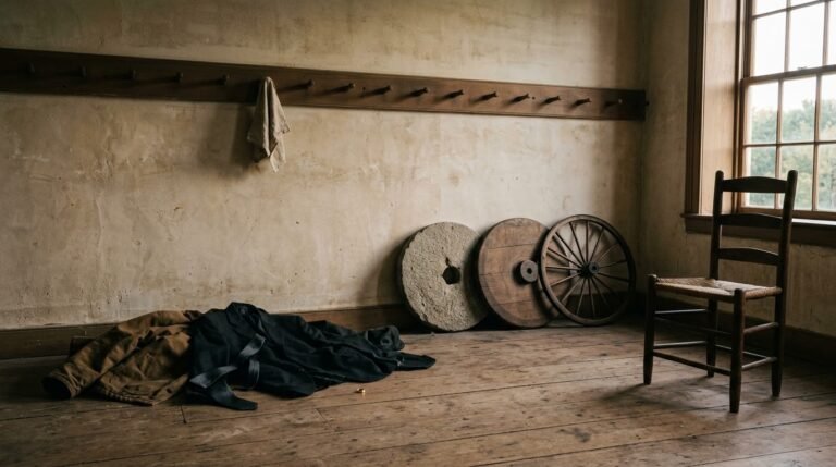 A bare room with a row of mostly empty wall pegs, cast-off clothing and a wedding band on the floorboards, three wheels of stone, solid wood and spokes leaning against the wall, and an empty chair facing a window