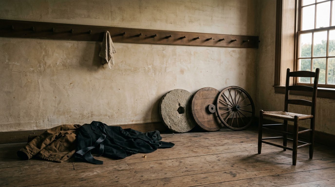 A bare room with a row of mostly empty wall pegs, cast-off clothing and a wedding band on the floorboards, three wheels of stone, solid wood and spokes leaning against the wall, and an empty chair facing a window